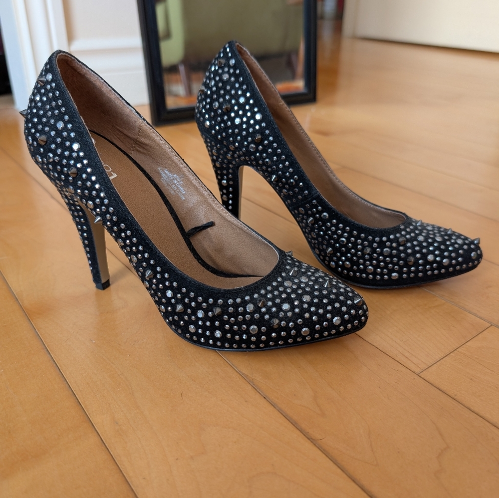 Cole Haan Black and Silver Heels with Pointed Toe and Studded Embellishments